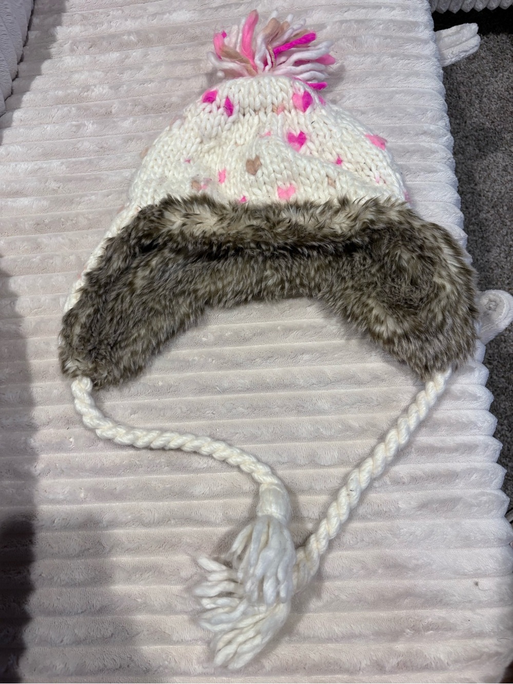 White Knit Pom-Pom Trapper Hat with Pink Hearts